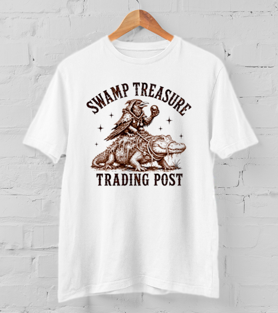 Swamp Treasure Trading Post Raven And Alligator Adventure Scene T-Shirt