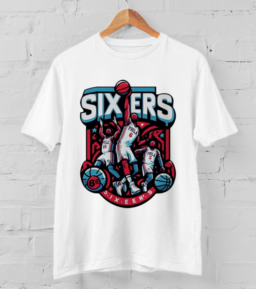 Philadelphia Sixers 2026 NBA Collage Featuring Number 6 Phila Basketball Player T-Shirt