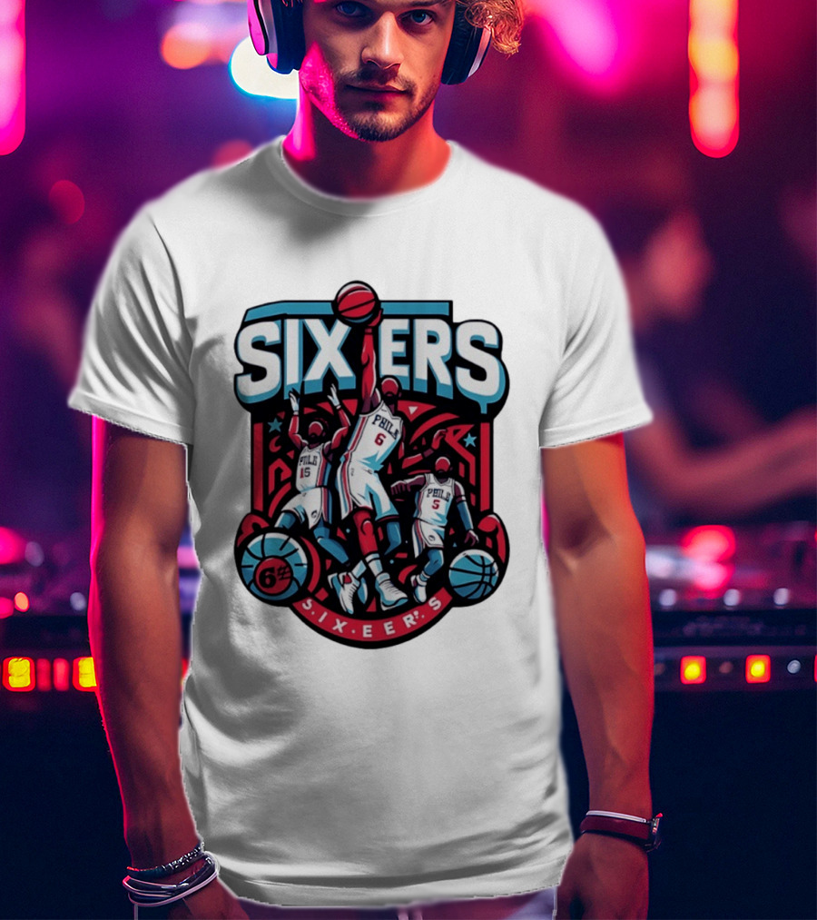 Philadelphia Sixers 2026 NBA Collage Featuring Number 6 Phila Basketball Player T-Shirt