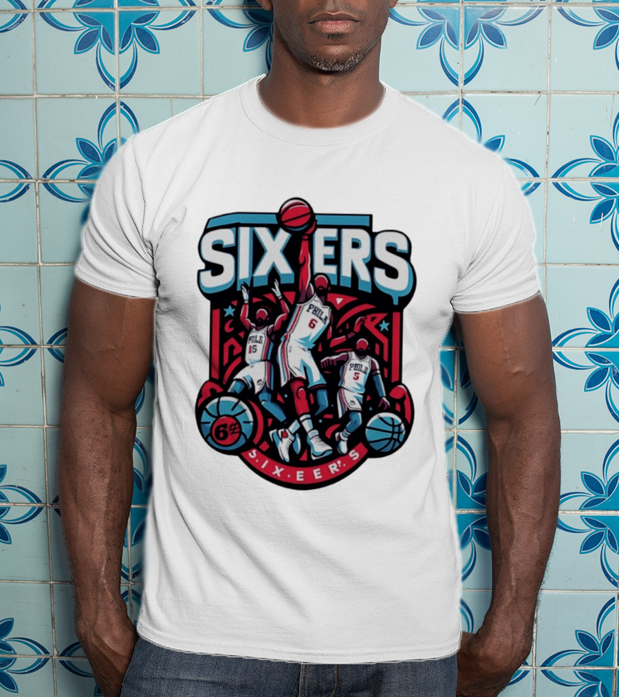 Philadelphia Sixers 2026 NBA Collage Featuring Number 6 Phila Basketball Player T-Shirt