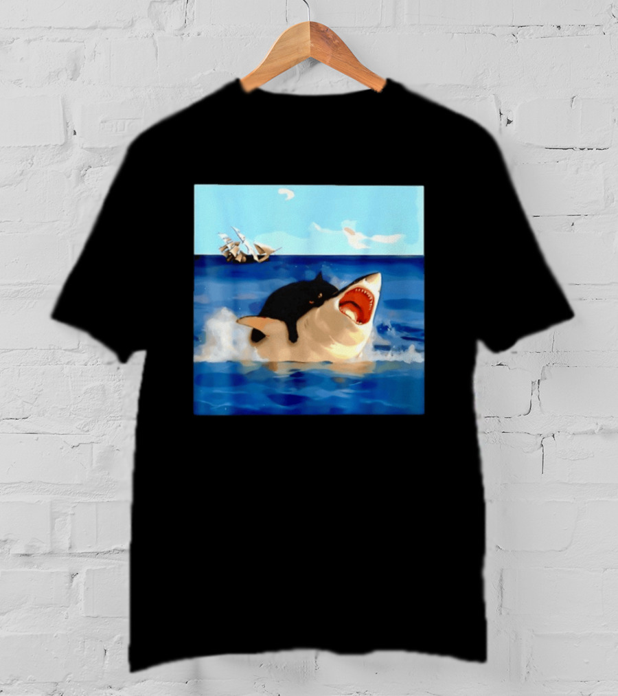 Black Cat Riding Great White Shark With Ocean And Sailing Ship T-Shirt