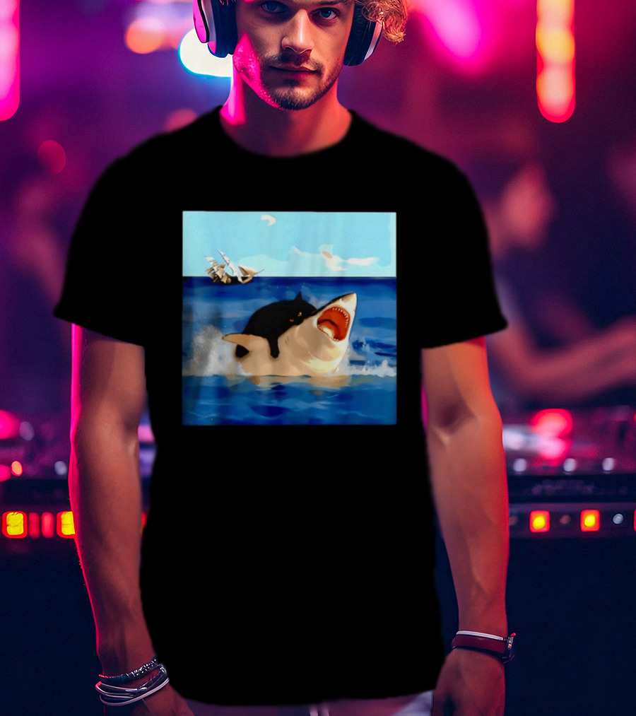 Black Cat Riding Great White Shark With Ocean And Sailing Ship T-Shirt