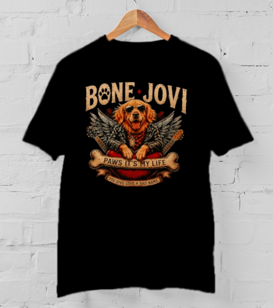 Bone Jovi Paws It's My Life You Give Love A Bad Name Golden Retriever Wings Guitar T-Shirt