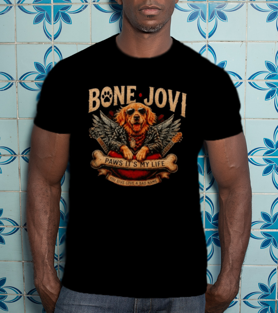 Bone Jovi Paws It's My Life You Give Love A Bad Name Golden Retriever Wings Guitar T-Shirt