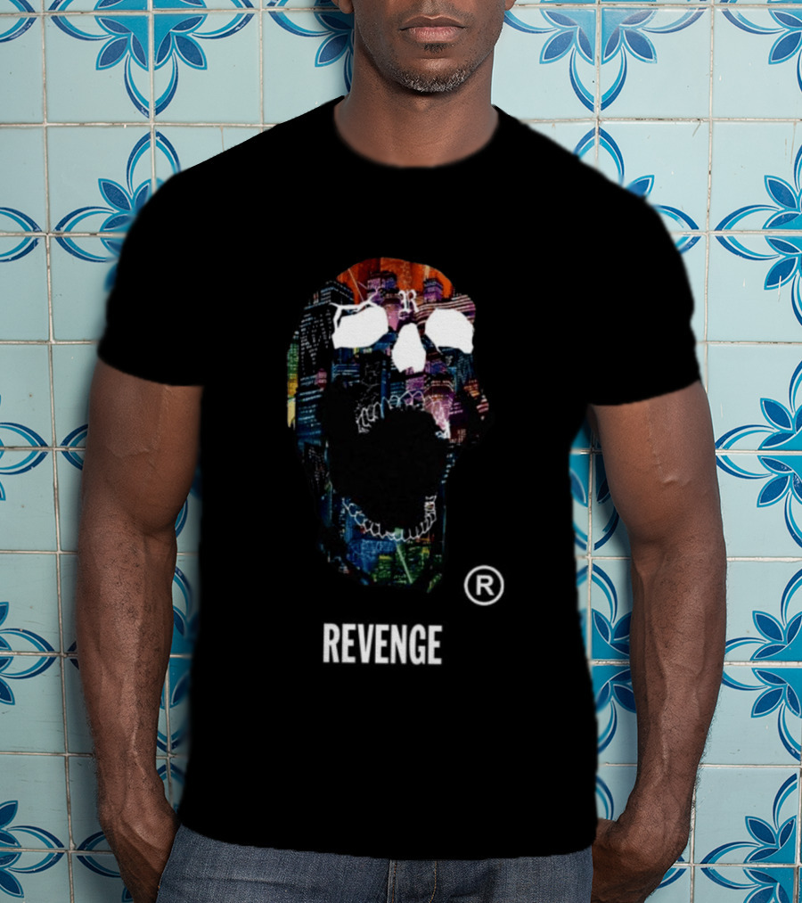 Revenge Neon Skull Cityscape Lights Black T-Shirt