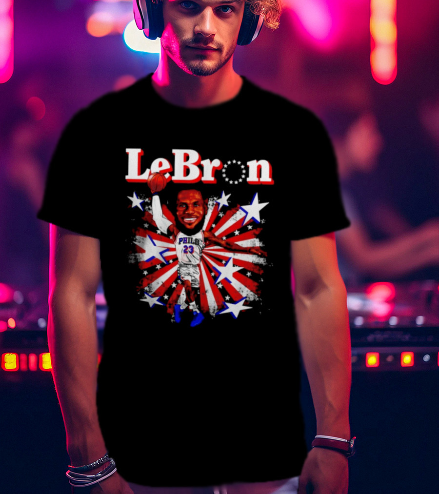 LeBron Stars PH 23 Basketball Caricature 76ers Red White Blue T-Shirt