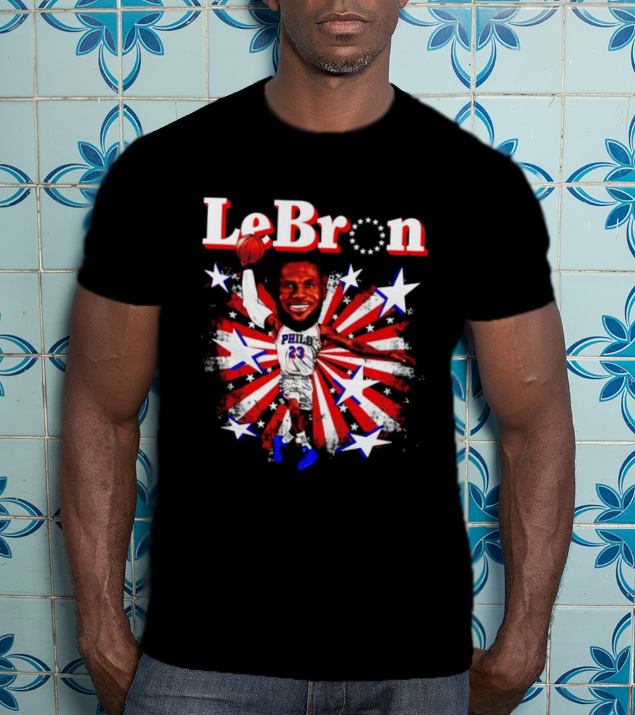 LeBron Stars PH 23 Basketball Caricature 76ers Red White Blue T-Shirt