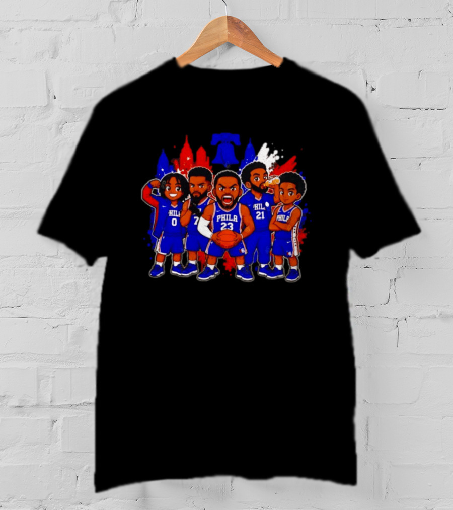Philadelphia 76ers Cartoon Players With Liberty Bell Skyline T-Shirt