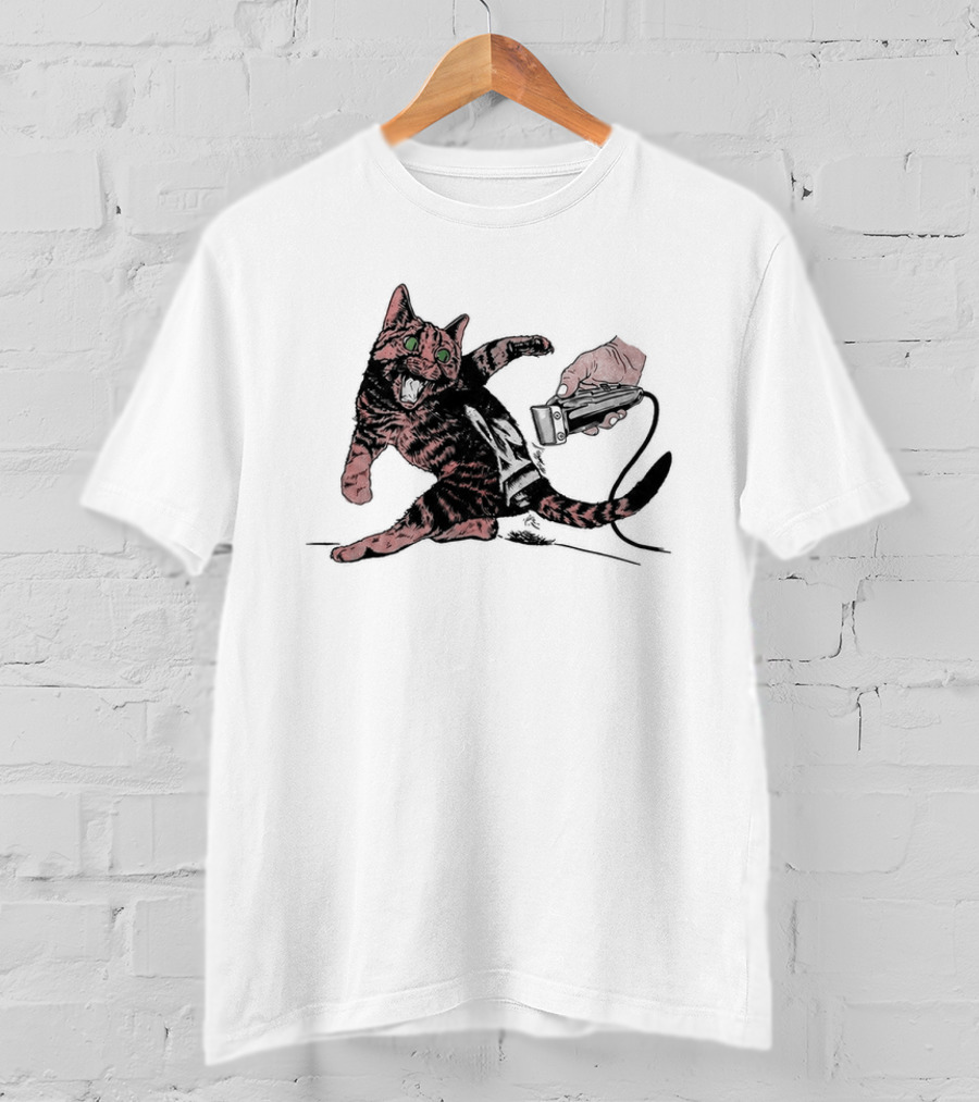 Shaving Cat Crazy Tabby Pet Grooming Clipper Reaction T-Shirt