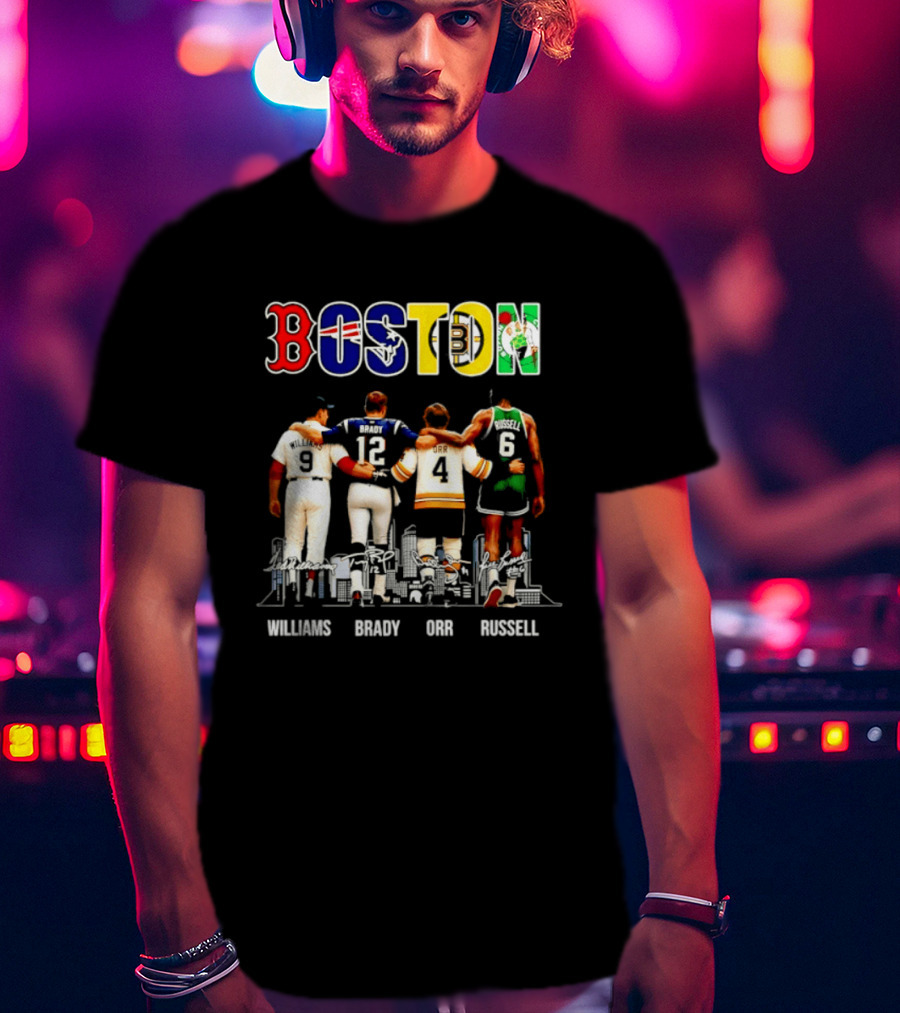 Boston Red Sox Patriots Bruins Celtics Williams Brady Orr Russell T-Shirt