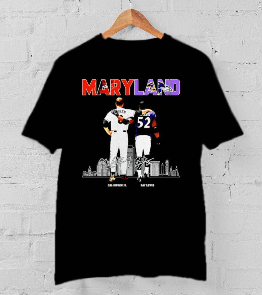 Maryland Cal Ripken Jr 8 Baltimore Orioles Ray Lewis 52 Baltimore Ravens Skyline T-Shirt