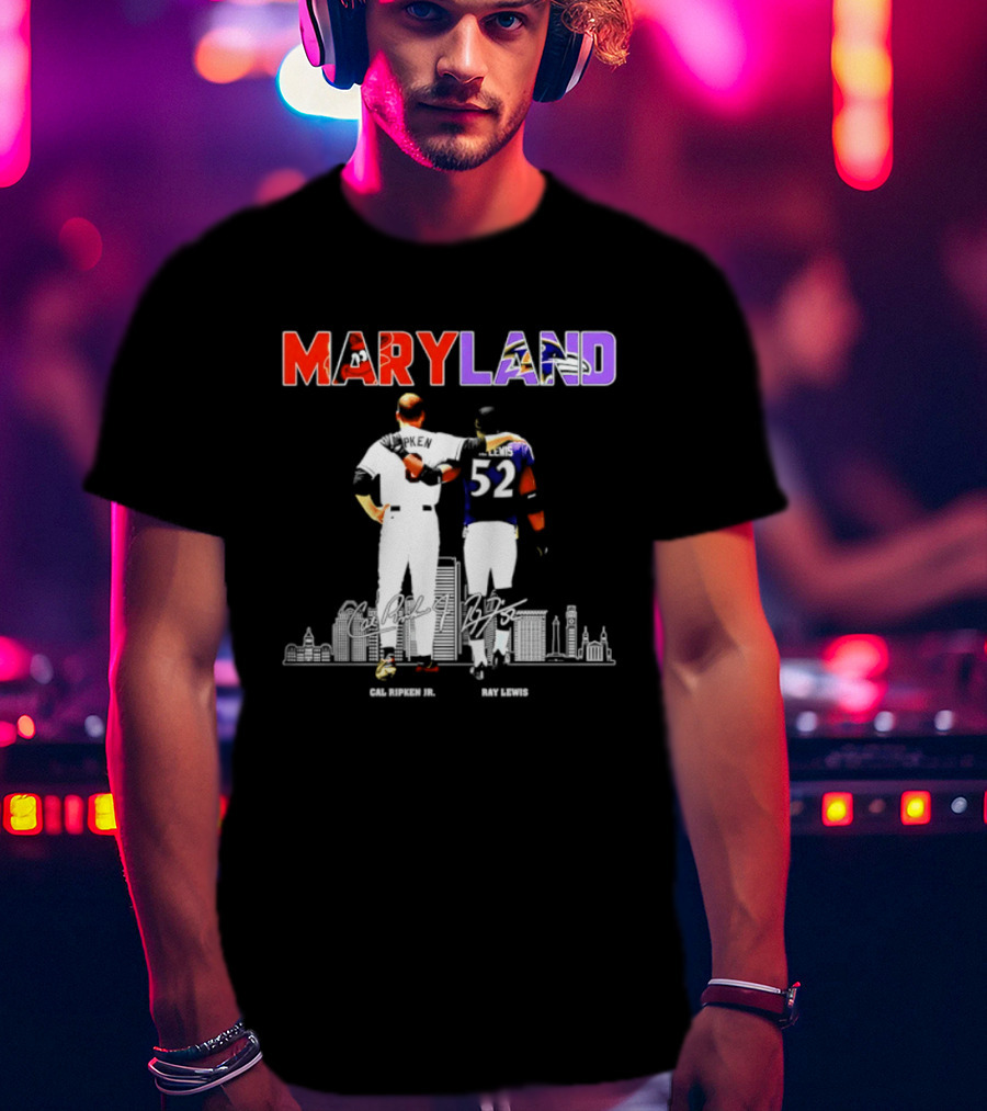 Maryland Cal Ripken Jr 8 Baltimore Orioles Ray Lewis 52 Baltimore Ravens Skyline T-Shirt