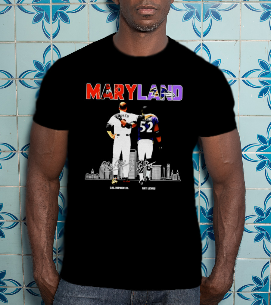 Maryland Cal Ripken Jr 8 Baltimore Orioles Ray Lewis 52 Baltimore Ravens Skyline T-Shirt