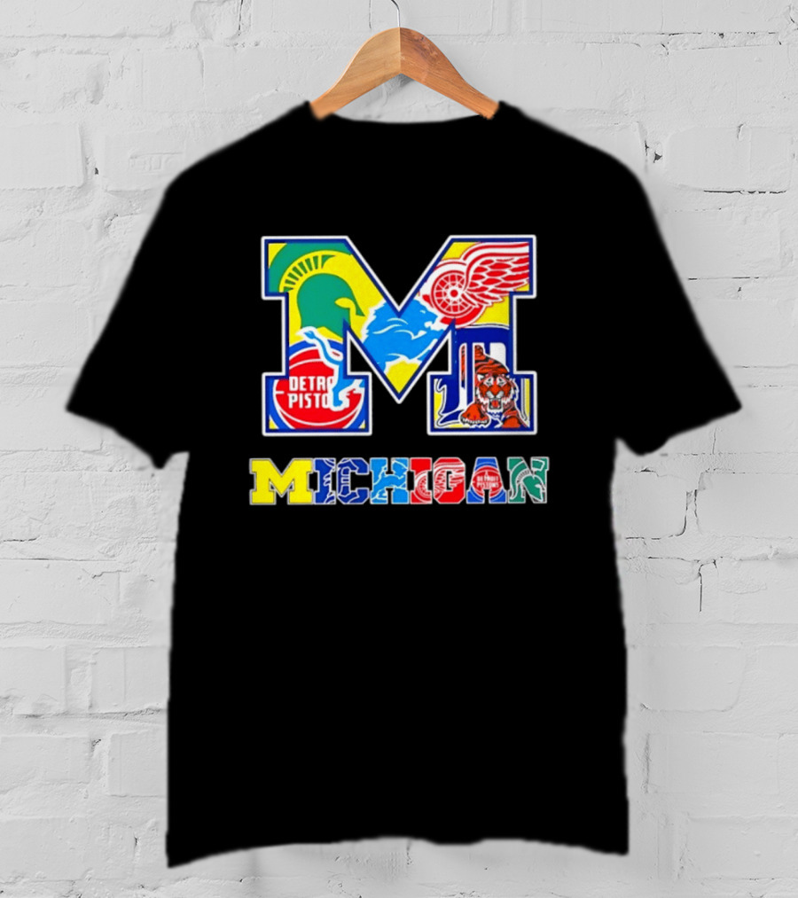 Michigan Detroit Pistons Red Wings Tigers Lions Wolverines Icons M T-Shirt