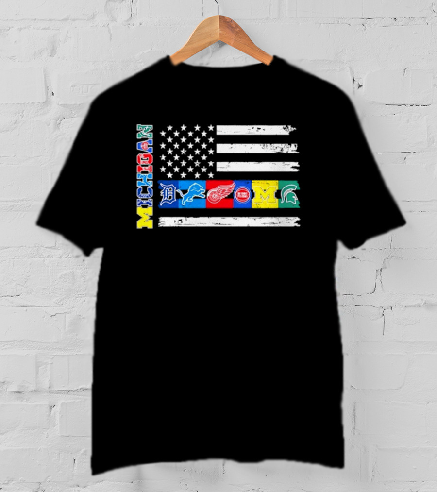 Michigan Detroit Tigers Lions Red Wings Pistons Wolverines Spartans Flag Sports Team Pride T-Shirt