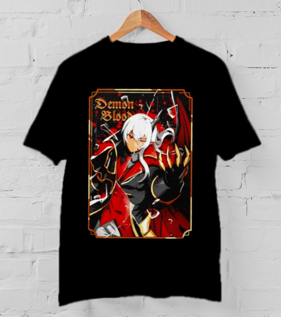 Demon Blood Anime Fantasy Dark Character Design With White Hair And Red Accents T-Shirt