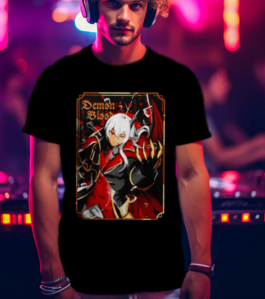 Demon Blood Anime Fantasy Dark Character Design With White Hair And Red Accents T-Shirt