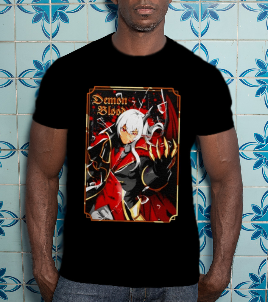 Demon Blood Anime Fantasy Dark Character Design With White Hair And Red Accents T-Shirt