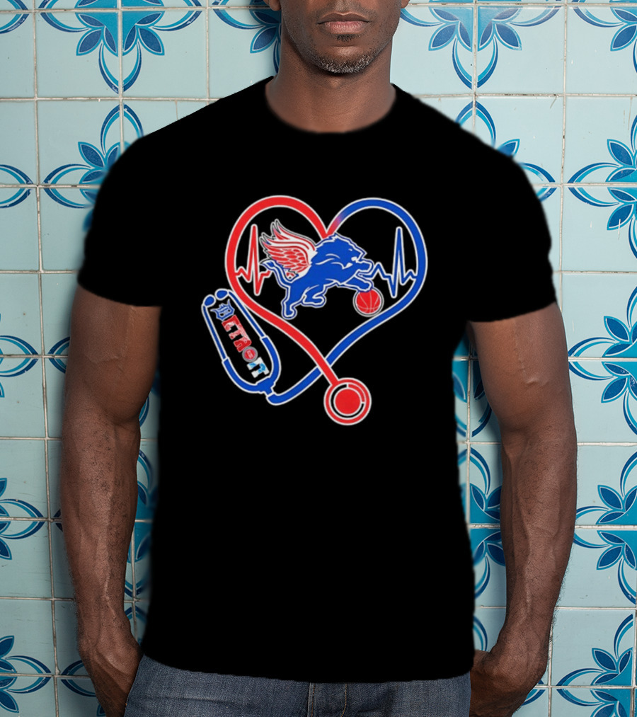 Detroit Heartbeat Stethoscope Lion Playing Basketball T-Shirt
