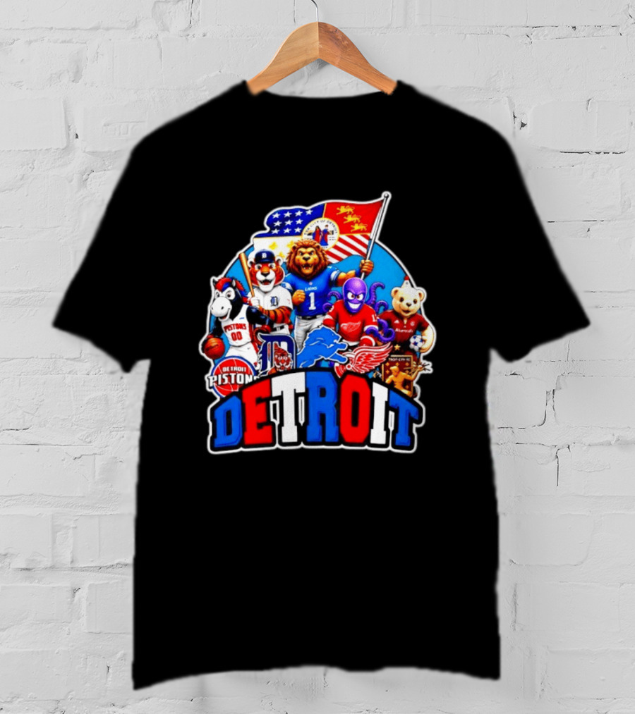 Detroit Lions Tigers Pistons Red Wings Mascots With Flag T-Shirt