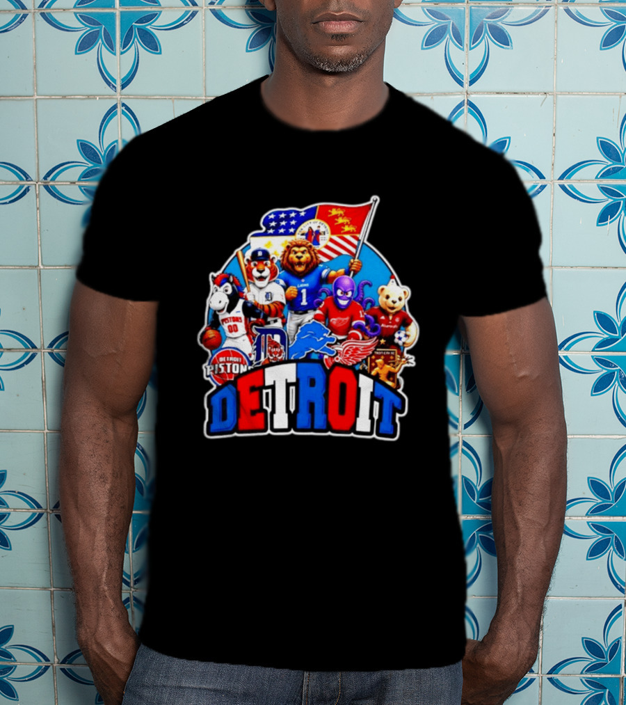 Detroit Lions Tigers Pistons Red Wings Mascots With Flag T-Shirt
