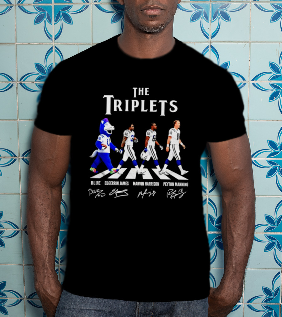 The Triplets Blue Edgerrin James Marvin Harrison Peyton Manning Indianapolis Colts Abbey Road Signatures T-Shirt