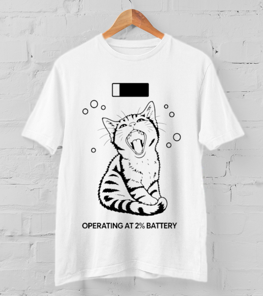 Tired Kitten Yawning Operating At 2% Battery T-Shirt