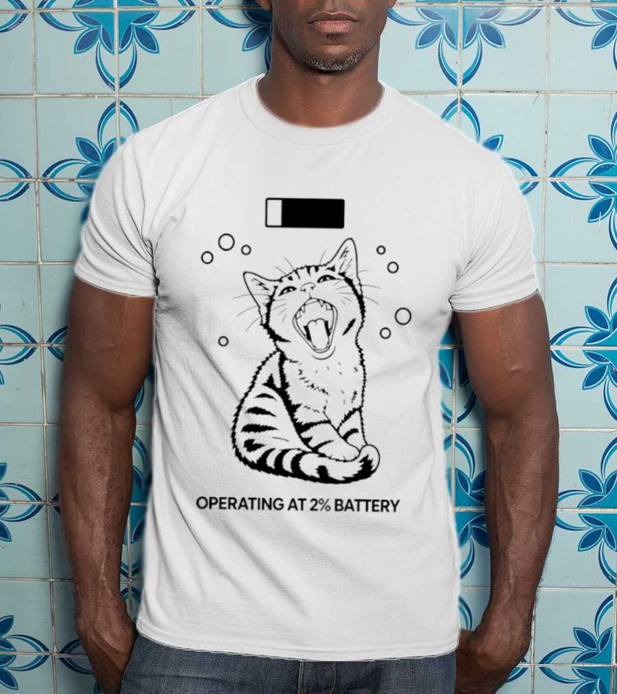 Tired Kitten Yawning Operating At 2% Battery T-Shirt
