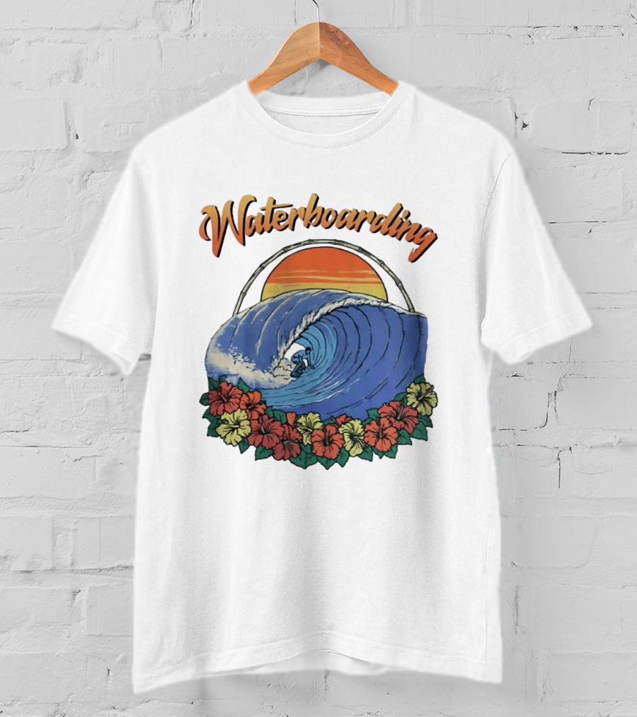 Waterboarding Surfing Tropical Hibiscus Flower Sunset Wave T-Shirt