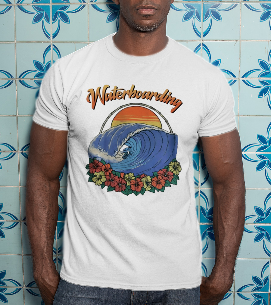Waterboarding Surfing Tropical Hibiscus Flower Sunset Wave T-Shirt