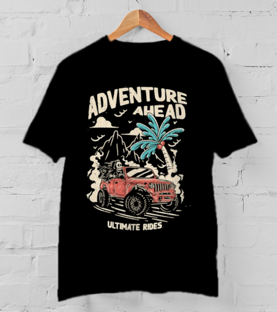 Adventure Ahead Ultimate Rides Jeep Beach Palm Trees Mountain T-Shirt