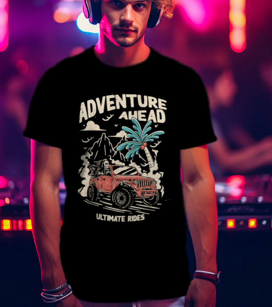 Adventure Ahead Ultimate Rides Jeep Beach Palm Trees Mountain T-Shirt