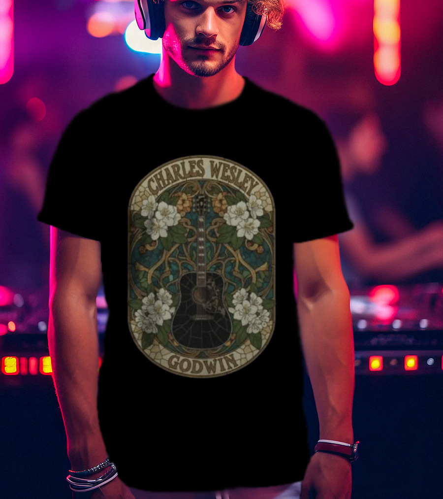 Charles Wesley Godwin Guitar Floral Art Nouveau Style With White Flowers T-Shirt