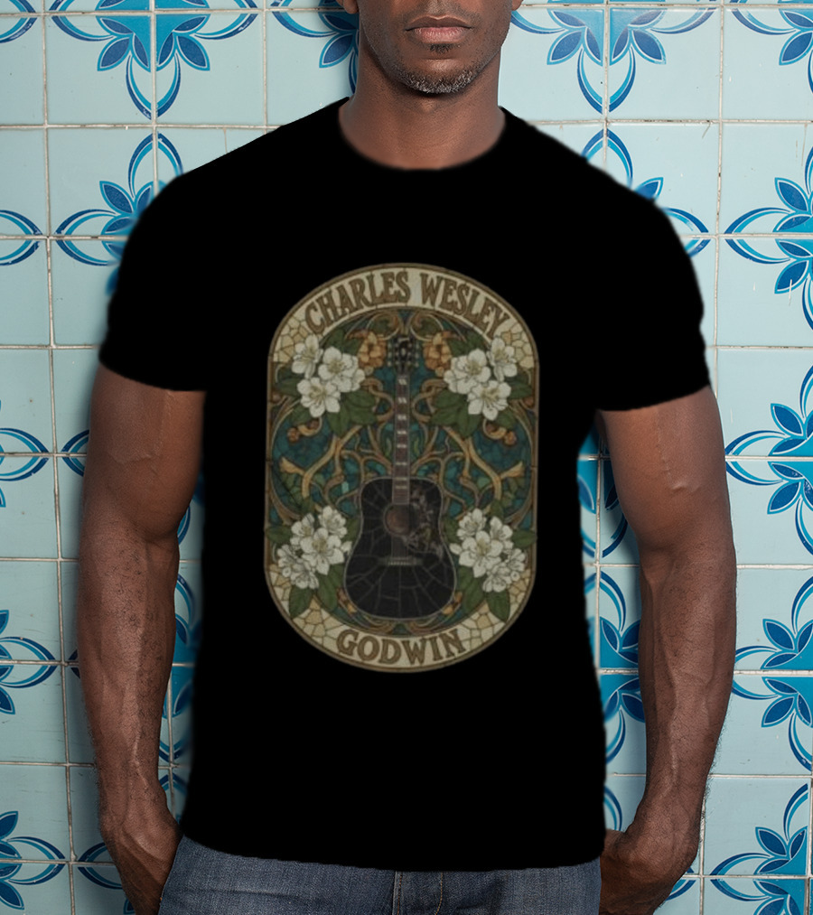 Charles Wesley Godwin Guitar Floral Art Nouveau Style With White Flowers T-Shirt