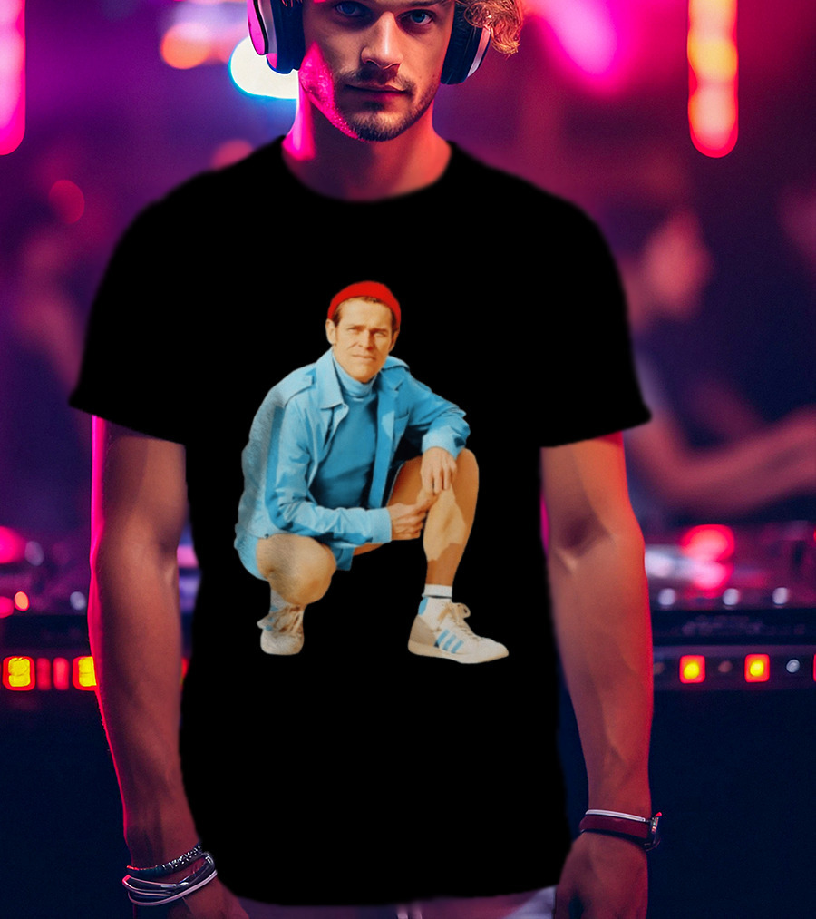 Klaus Willem Dafoe Retro Style With Red Beanie And Blue Tracksuit T-Shirt