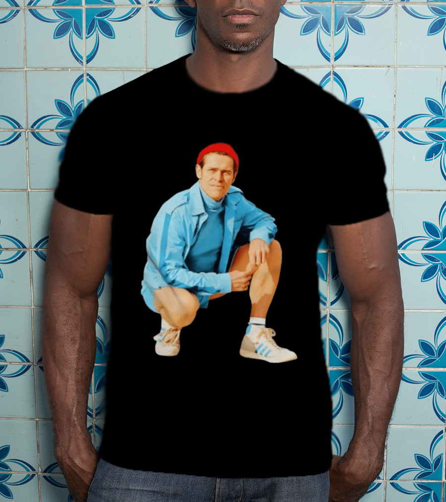 Klaus Willem Dafoe Retro Style With Red Beanie And Blue Tracksuit T-Shirt