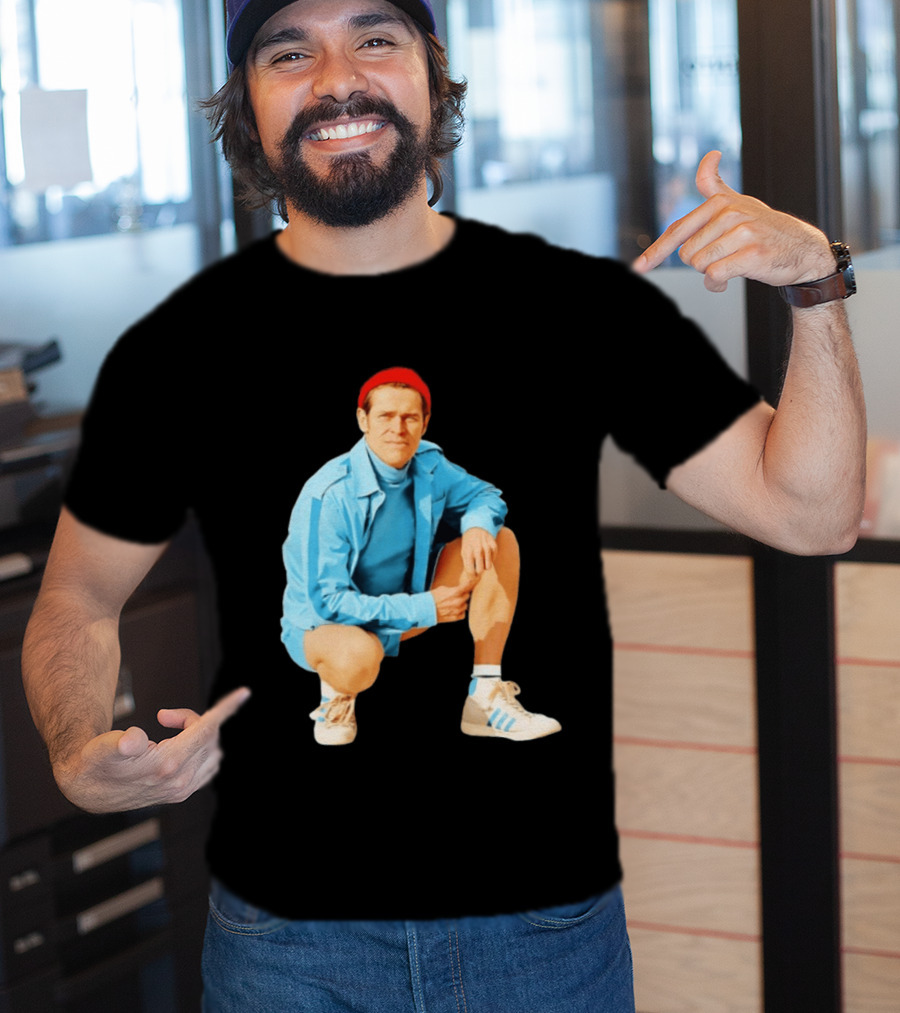 Klaus Willem Dafoe Retro Style With Red Beanie And Blue Tracksuit T-Shirt