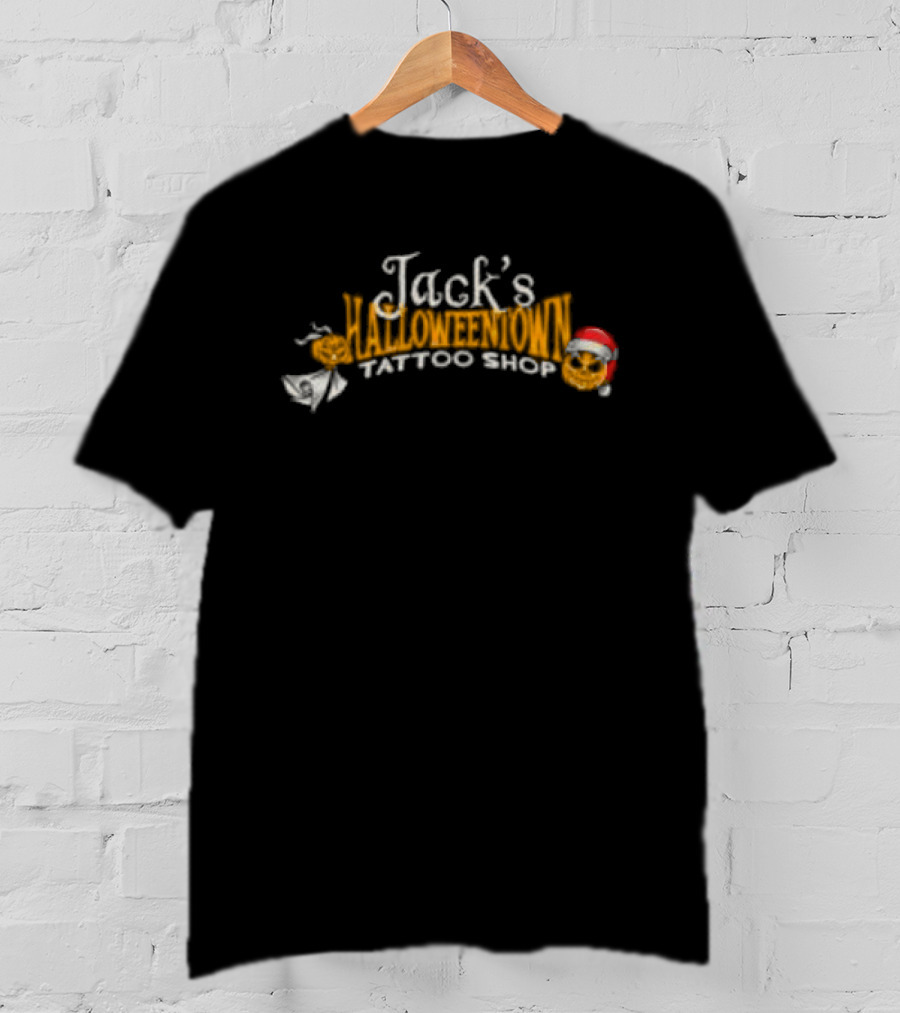 Lostbrostradingco Jack's Halloweentown Tattoo Shop Christmas Santa Hat T-Shirt