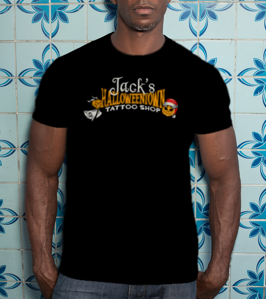 Lostbrostradingco Jack's Halloweentown Tattoo Shop Christmas Santa Hat T-Shirt
