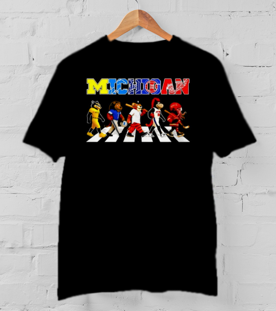 Michigan Sports Mascots Abbey Road Detroit Lions Pistons Tigers Red Wings Wolverine T-Shirt