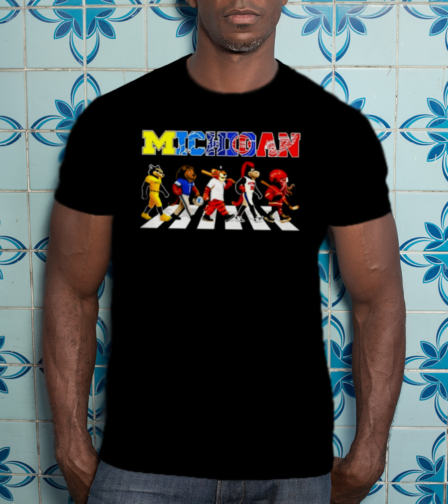 Michigan Sports Mascots Abbey Road Detroit Lions Pistons Tigers Red Wings Wolverine T-Shirt