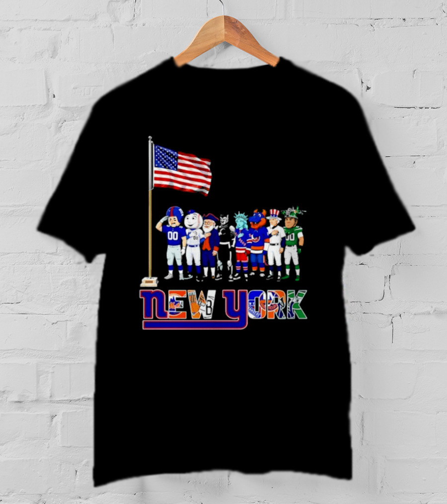 New York Sports Teams Mascots American Flag Giants Yankees Mets Rangers Knicks Jets T-Shirt