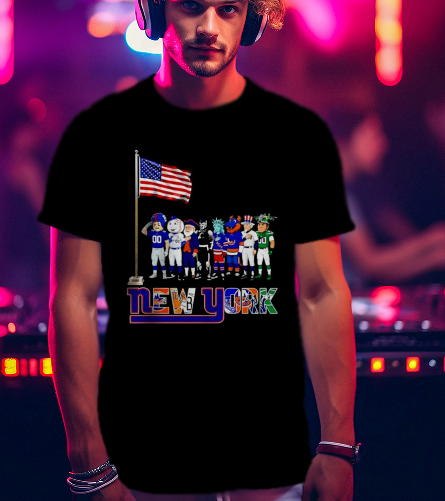 New York Sports Teams Mascots American Flag Giants Yankees Mets Rangers Knicks Jets T-Shirt