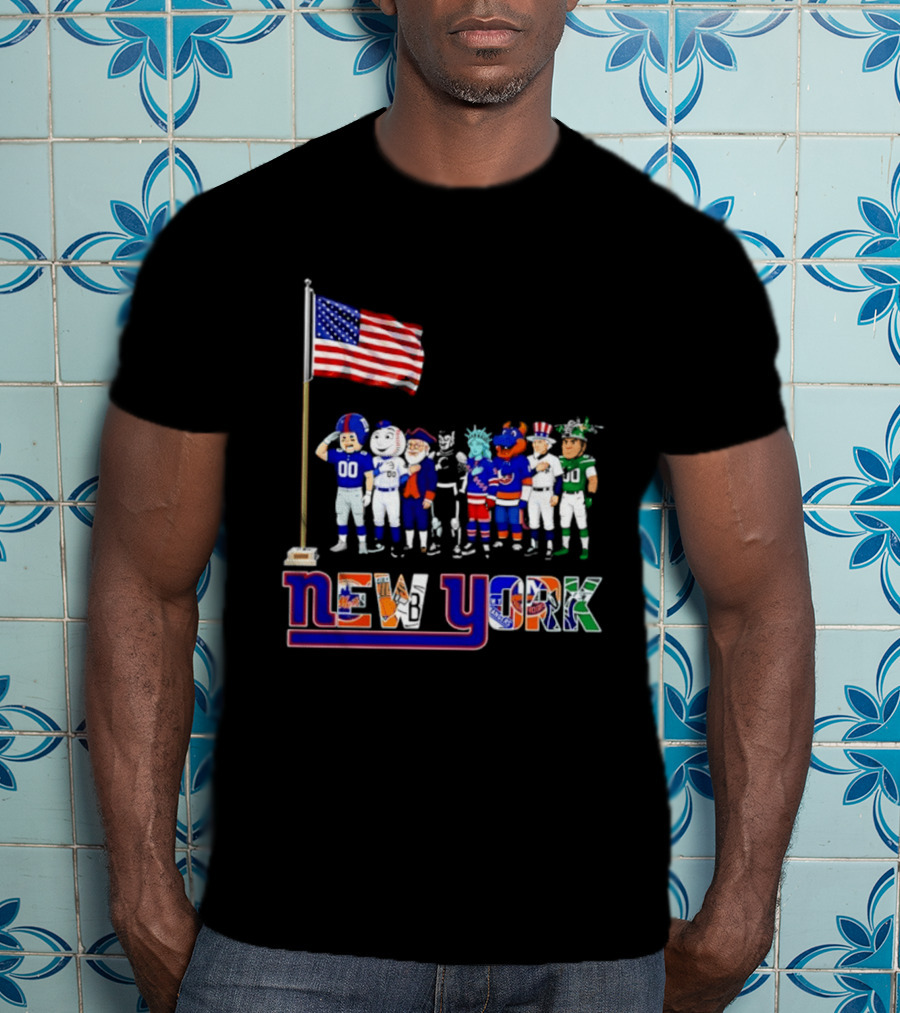 New York Sports Teams Mascots American Flag Giants Yankees Mets Rangers Knicks Jets T-Shirt