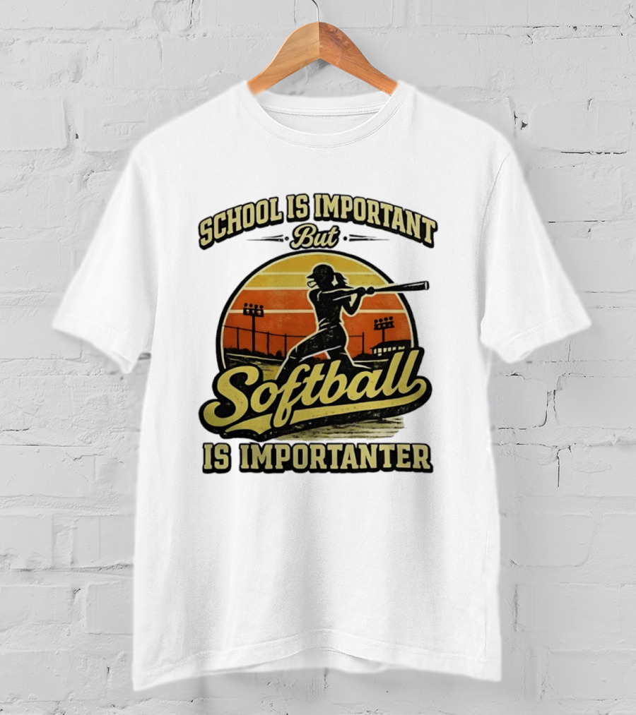 School Is Important But Softball Is Importanter Retro Silhouette Batter T-Shirt