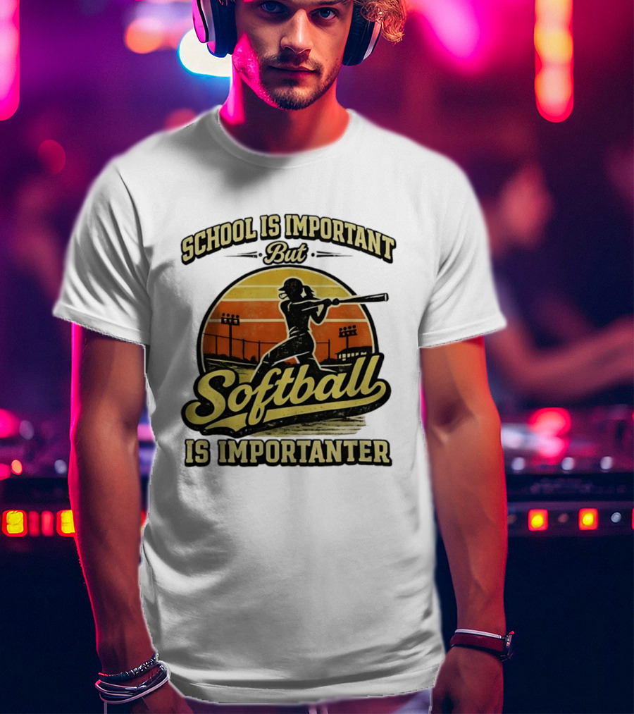 School Is Important But Softball Is Importanter Retro Silhouette Batter T-Shirt