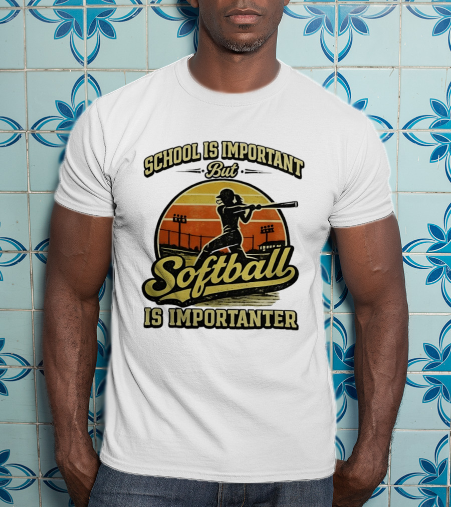 School Is Important But Softball Is Importanter Retro Silhouette Batter T-Shirt