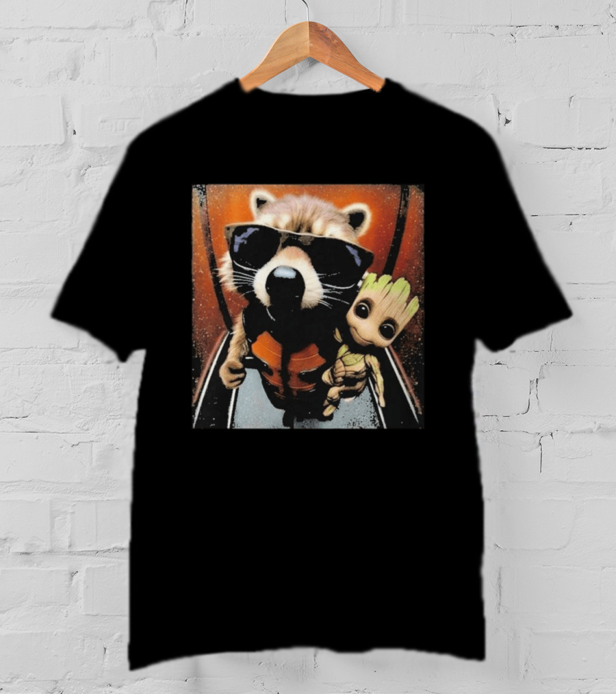 John Bates Raccoon And Baby Tree Alien With Sunglasses And Orange Suit T-Shirt