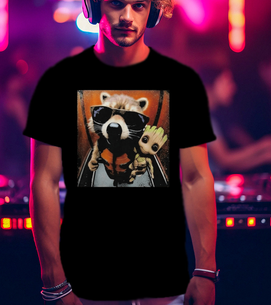 John Bates Raccoon And Baby Tree Alien With Sunglasses And Orange Suit T-Shirt