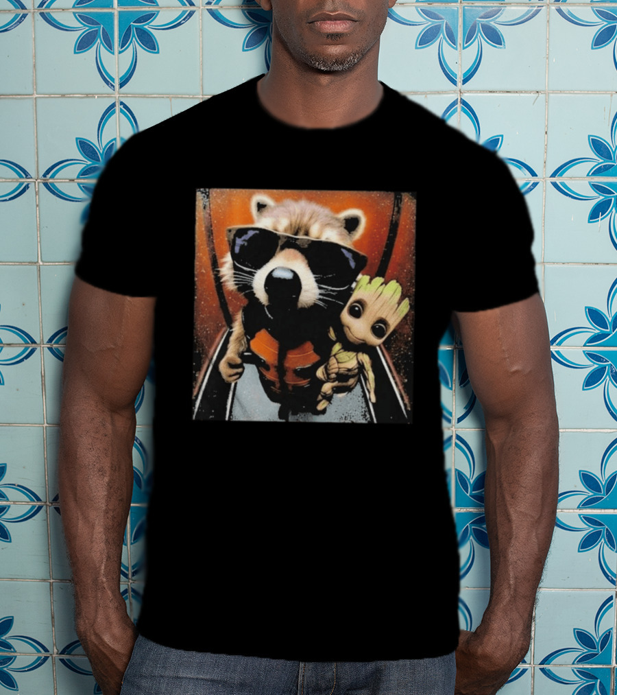 John Bates Raccoon And Baby Tree Alien With Sunglasses And Orange Suit T-Shirt